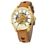 FORSINING Reloj de pulsera mecánico clásico de lujo para hombre, reloj de pulsera mecánico de cuero automático, relojes de moda para negocios, Oro blanco.