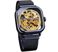 FORSINING Reloj de pulsera mecánico dorado para hombre, reloj de esqueleto con esfera transparente de acero inoxidable con movimiento de flor real tallado, Negro-1, GMT1148-2NEW
