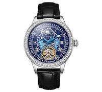 FORSINING Reloj de pulsera mecánico para hombre, correa de cuero, esfera de diamante, fase lunar, relojes automáticos luminosos, azul