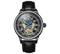 FORSINING Reloj de pulsera mecánico para hombre, correa de cuero, esfera de diamante, fase lunar, relojes automáticos luminosos, negro