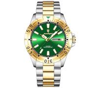 FORSINING Reloj de pulsera para hombre, analógico, de cuarzo, correa de acero inoxidable, calendario, indicador de fecha, informal, resistente al agua, dorado verde, Pulsera