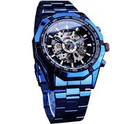 FORSINING Reloj de pulsera para hombre, diseño de esqueleto de cuerda automática, mecánico, automático, correa de acero inoxidable, color azul y negro, resistente al agua, Azul Negro, Mecánico