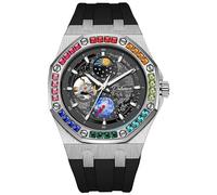 FORSINING Reloj de pulsera para hombre, diseño luminoso, diseño luminoso, reloj de pulsera automático, fase lunar, esfera de diamante, resistente al agua, negro, Correa