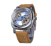 FORSINING Reloj de pulsera para hombre, elegante, clásico, esqueleto, cuadrado, esfera transparente, automático, mecánico, de piel, luminoso, resistente al agua, plateado, Correa