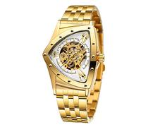 FORSINING Reloj de pulsera para hombre, resistente al agua, 30 m, diseño de esqueleto hueco, automático, triángulo retro, Dorado, blanco, Retro