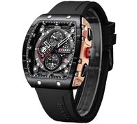 FORSINING Reloj deportivo de cuarzo Tonneau para hombre, cronógrafo/cronómetro con indicador de fecha, correa de silicona impermeable, reloj de pulsera en forma de barril, 6 colores deportivos, Negro
