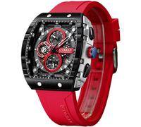 FORSINING Reloj deportivo de cuarzo Tonneau para hombre, cronógrafo/cronómetro con indicador de fecha, correa de silicona impermeable, reloj de pulsera en forma de barril, 6 colores deportivos, Rojo -