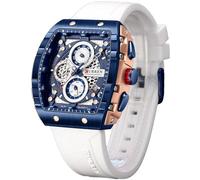 FORSINING Reloj deportivo de cuarzo Tonneau para hombre, cronógrafo/cronómetro con indicador de fecha, correa de silicona impermeable, reloj de pulsera en forma de barril, 6 colores deportivos, Blanco