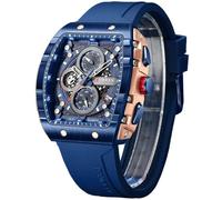 FORSINING Reloj deportivo de cuarzo Tonneau para hombre, cronógrafo/cronómetro con indicador de fecha, correa de silicona impermeable, reloj de pulsera en forma de barril, 6 colores deportivos, Azul