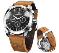 FORSINING Reloj deportivo transparente para hombre, correa de piel auténtica, reloj de esqueleto mecánico automático para hombre, Negro -