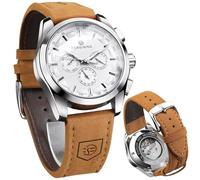 FORSINING Reloj deportivo transparente para hombre, correa de piel auténtica, reloj de esqueleto mecánico automático para hombre, Blanco