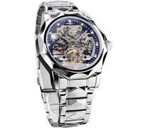 FORSINING Reloj mecánico automático de esqueleto para hombre con bisel de 12 lados de corte de diamante, engranajes expuestos y diseño Tourbillon, pulsera única de acero inoxidable con eslabones de