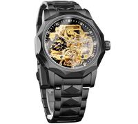 FORSINING Reloj mecánico automático de esqueleto para hombre con bisel de 12 lados de corte de diamante, engranajes expuestos y diseño Tourbillon, pulsera única de acero inoxidable con eslabones de