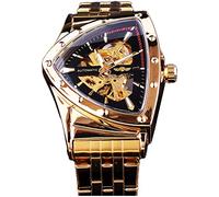 FORSINING Reloj mecánico automático de los hombres del esqueleto del triángulo de lujo oro negro relojes de acero inoxidable impermeable luminoso deportivo reloj de pulsera, Negro dorado