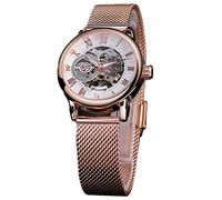 FORSINING Reloj mecánico automático para mujer, esqueleto de lujo, esfera dorada, correa de malla de acero inoxidable, números romanos, reloj de cuerda automática, Oro rosa, Pulsera