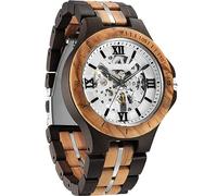 FORSINING Reloj mecánico de esqueleto de madera maciza para hombre, correa de madera vintage con esfera hueca, reloj de pulsera automático para hombre, Negro Blanco, Casual