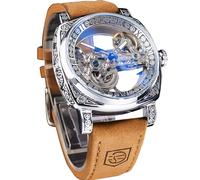 FORSINING Reloj mecánico de lujo para hombre, diseño de tótem retro de doble cara con esqueleto hueco, cuerda automática, correa de cuero vintage, reloj de pulsera para hombre, Plateado y café.