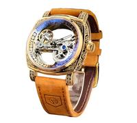 FORSINING Reloj mecánico de lujo para hombre, diseño de tótem retro de doble cara con esqueleto hueco, cuerda automática, correa de cuero vintage, reloj de pulsera para hombre, Marrón