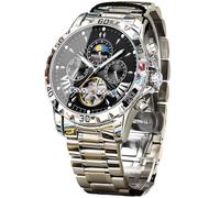 FORSINING Reloj mecánico para Hombre, Reloj de Pulsera automático Tourbillon de Fase Lunar, Correa de Acero Inoxidable de Lujo, Esfera Grande de 43 mm, Reloj de Pulsera para Hombre con 3 subesferas,