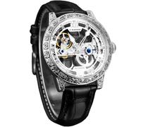FORSINING Reloj mecánico vintage para hombre, hermoso bisel de tótem tallado, lujoso esqueleto de doble cara con escala de diamante, reloj de pulsera de cuero con esfera grande, Plateado blanco,