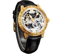 FORSINING Reloj mecánico vintage para hombre, hermoso bisel de tótem tallado, lujoso esqueleto de doble cara con escala de diamante, reloj de pulsera de cuero con esfera grande, Dorado, blanco, Casual