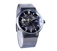 FORSINING Reloj para hombre, esfera de esqueleto, relojes mecánicos de lujo, relojes de pulsera deportivos, relojes automáticos para hombre, malla de acero inoxidable, Plata y negro.