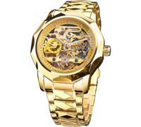 FORSINING Reloj Tourbillon de esqueleto hueco dorado y negro de lujo para hombre, relojes mecánicos Dodecagon escala de diamante, relojes mecánicos de cuerda automática, segundos independientes rombo