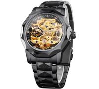 FORSINING Reloj Tourbillon de esqueleto hueco dorado y negro de lujo para hombre, relojes mecánicos Dodecagon escala de diamante, relojes mecánicos de cuerda automática, segundos independientes rombo