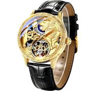 FORSINING Reloj Tourbillon dorado de lujo para hombre, diseño de tigre tallado, fase lunar, mecánico, automático, retro, tatuaje, esqueleto, esfera grande, correa de piel, Plateado negro, Mecánico, de