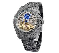 FORSINING Reloj vintage para hombre grabado automático, mecánico, esfera grande, luminosa, fase lunar, dorado, hueco, patrón de tatuaje, mecánico, Negro -