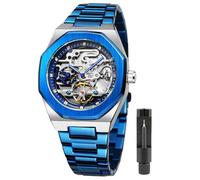 FORSINING Reloj vintage para hombre grabado automático, mecánico, esfera grande, luminosa, fase lunar, dorado, hueco, patrón de tatuaje, mecánico, Blue2