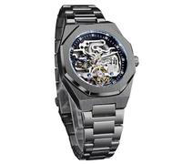 FORSINING Reloj Vintage para Hombres Grabado Esqueleto Automático Autoviento Mecánico Gran Dial Luminoso Diamante Pantalla Negro Hueco Tatuaje Patrón Relojes de Pulsera, Negro , Moderno