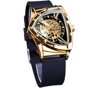 FORSINING Relojes de esqueleto para hombre, reloj mecánico automático con esfera triangular, relojes luminosos de cuerda automática, correa de silicona suave, Oro