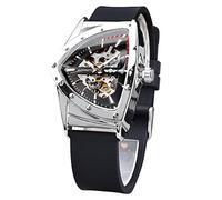 FORSINING Relojes de Esqueleto para Hombre, Reloj mecánico automático con Esfera Triangular, Relojes Luminosos de Cuerda automática, Pulsera de Acero Inoxidable o Correa de Silicona Suave, Negro,