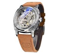 FORSINING Relojes de lujo para hombre, cuadrados, retro, mecánicos, de cuerda automática, tallados, mecanismo de relojería, esqueleto dorado, correa de cuero vintage, oro, retro, plateado, correa