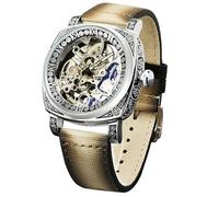 FORSINING Relojes para hombre, cuadrado, retro, mecánico, tallado, esqueleto automático, reloj de pulsera vintage con correa de piel, Beige Marrón