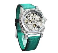 FORSINING Relojes para hombre, cuadrado, retro, mecánico, tallado, esqueleto automático, reloj de pulsera vintage con correa de piel, Verde