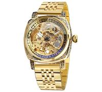 FORSINING Relojes para hombre, cuadrado, retro, mecánico, tallado, esqueleto automático, reloj de pulsera vintage con correa de piel, Amarillo-LL