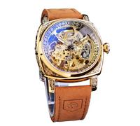 FORSINING Relojes para hombre, reloj mecánico cuadrado retro de cuerda automática tallado, relojes automáticos esqueleto vintage con correa de cuero, Marrón, Estilo casual