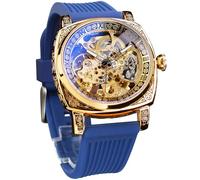 FORSINING Relojes para hombre, reloj mecánico cuadrado retro de cuerda automática tallado, relojes automáticos esqueleto vintage con correa de cuero, azul (Blue_New)