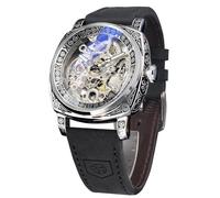 FORSINING Relojes para hombre, reloj mecánico cuadrado retro de cuerda automática tallado, relojes automáticos esqueleto vintage con correa de cuero, Negro, Retro