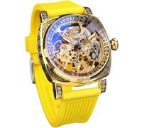 FORSINING Relojes para hombre, reloj mecánico cuadrado retro de cuerda automática tallado, relojes automáticos esqueleto vintage con correa de cuero
