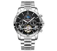 FORSINING Tourbillon Reloj de pulsera automático para hombre, correa de acero inoxidable, fase lunar, analógico, con fecha, Negro , Pulsera