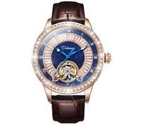 FORSINING Tourbillon Reloj de pulsera mecánico para hombre, correa de cuero genuino, esfera de diamante, relojes automáticos de moda de lujo resistentes al agua, dorado, Correa