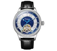 FORSINING Tourbillon Reloj de pulsera mecánico para hombre, correa de cuero genuino, esfera de diamante, relojes automáticos de moda de lujo resistentes al agua, plata, Correa