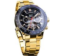 FORSINING Tourbillon - Reloj mecánico automático para hombre, día, fecha, mes, calendario completo, taquímetro luminoso, multifuncional, esfera grande tallada, correa de acero inoxidable, Negro dorado