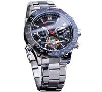 FORSINING Tourbillon - Reloj mecánico automático para hombre, día, fecha, mes, calendario completo, taquímetro luminoso, multifuncional, esfera grande tallada, correa de acero inoxidable, Plateado