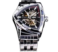 FORSINING Triangle Skeleton - Reloj mecánico automático para hombre, de lujo, dorado, negro, acero inoxidable, impermeable, luminoso, deportivo, reloj de pulsera, Plateado negro, Mecánico