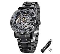 FORSINING Winner Reloj Esqueleto Mecánico Manual Retro con Diamante y Artesanía de Flores Talladas Reloj de Pulsera Esqueleto para Hombre Reloj Mecánico Clásico con Números Romanos, negro