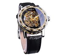 FORSINING Winner Reloj Esqueleto Mecánico Manual Retro con Diamante y Artesanía de Flores Talladas Reloj de Pulsera Esqueleto para Hombre Reloj Mecánico Clásico con Números Romanos